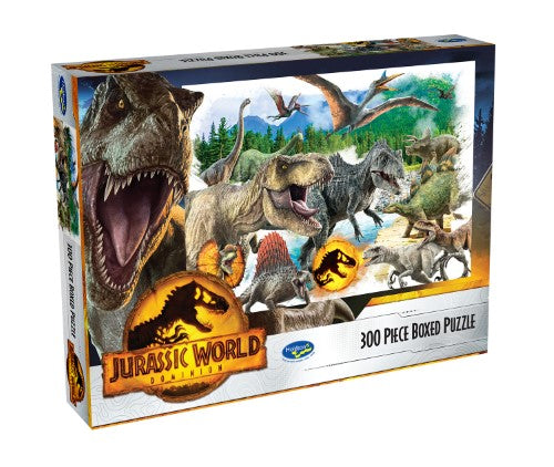 Jigsaw puzzle featuring dinosaurs like T-Rex and Velociraptor, showcasing a prehistoric adventure with 300 vivid pieces.