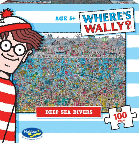 Colorful jigsaw puzzle featuring Wally hidden among vibrant sea life, designed by Martin Handford, perfect for ages 5+.