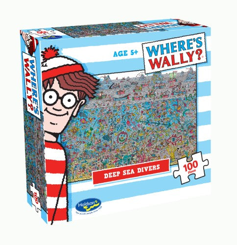 Colorful 100-piece jigsaw puzzle featuring Where's Wally among vibrant sea life, ideal for ages 5 and up.