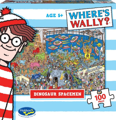 Jigsaw puzzle featuring Where's Wally hidden among colorful dinosaurs and spacemen, designed for ages 5 and up.