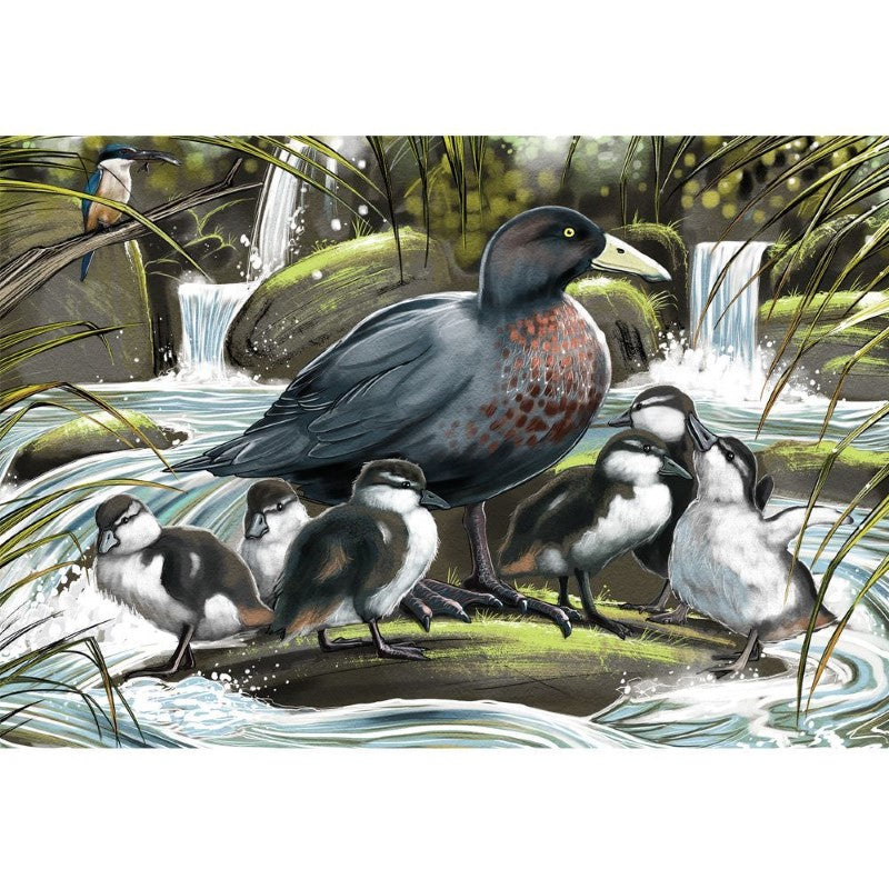 Puzzle featuring Blue Duck brood artwork by Ned Barraud, showcasing New Zealand's native wildlife, perfect for ages 8+.