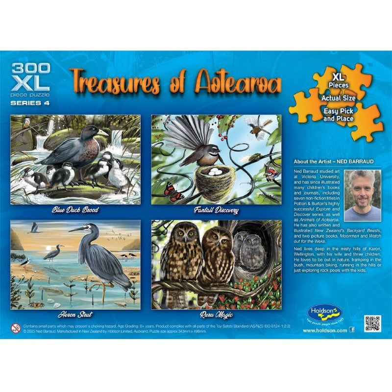 Jigsaw puzzle featuring the Blue Duck brood, showcasing New Zealand's wildlife with stunning artwork by Ned Barraud.