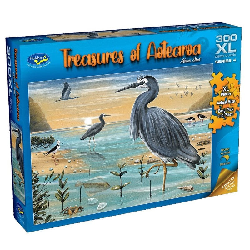 Colorful jigsaw puzzle of New Zealand's native birds, "Heron's Strut," designed by Ned Barraud, 343mm x 496mm.