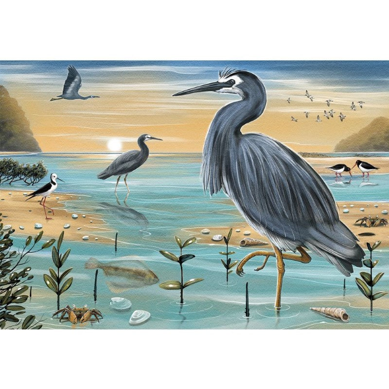 Puzzle featuring Heron's Strut design by Ned Barraud, showcasing New Zealand's native bird life, 343mm x 496mm when completed.