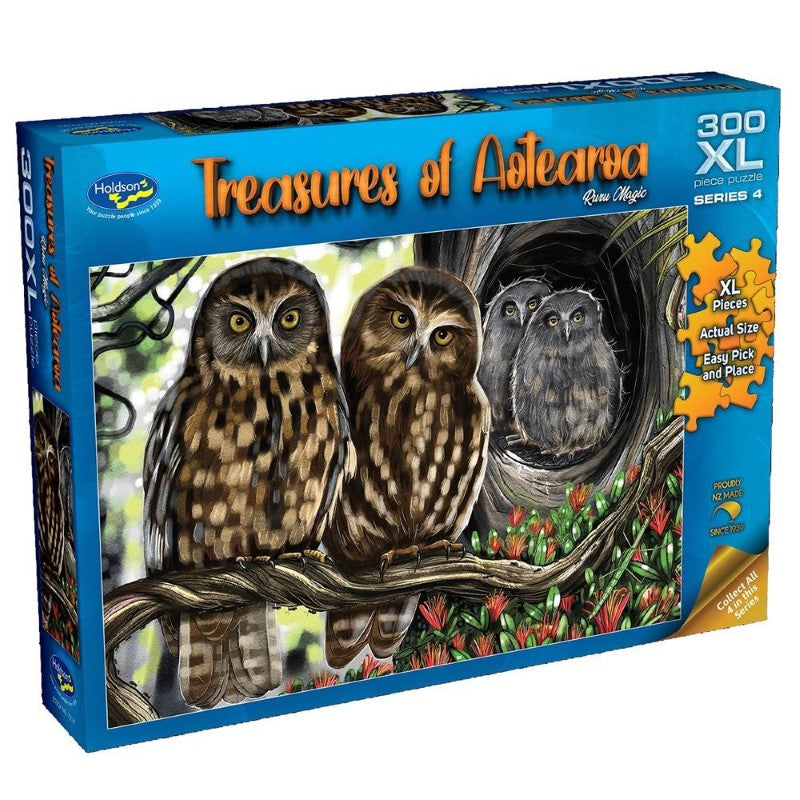 A vibrant jigsaw puzzle featuring Ruru, the native owl of New Zealand, designed by artist Ned Barraud for ages 8+.