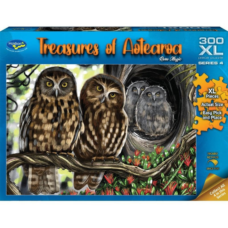 Jigsaw puzzle featuring the Ruru native owl, illustrated by Ned Barraud, celebrating New Zealand wildlife in 300XL pieces.