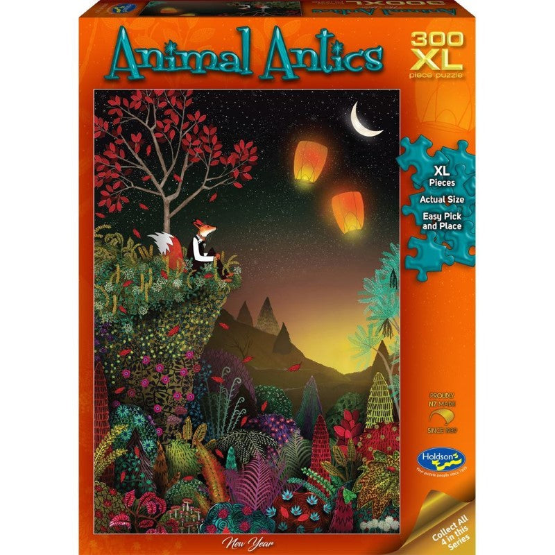 Vibrant 300-piece XL jigsaw puzzle featuring whimsical animal art by Evan Heasman, perfect for family fun or solo relaxation.