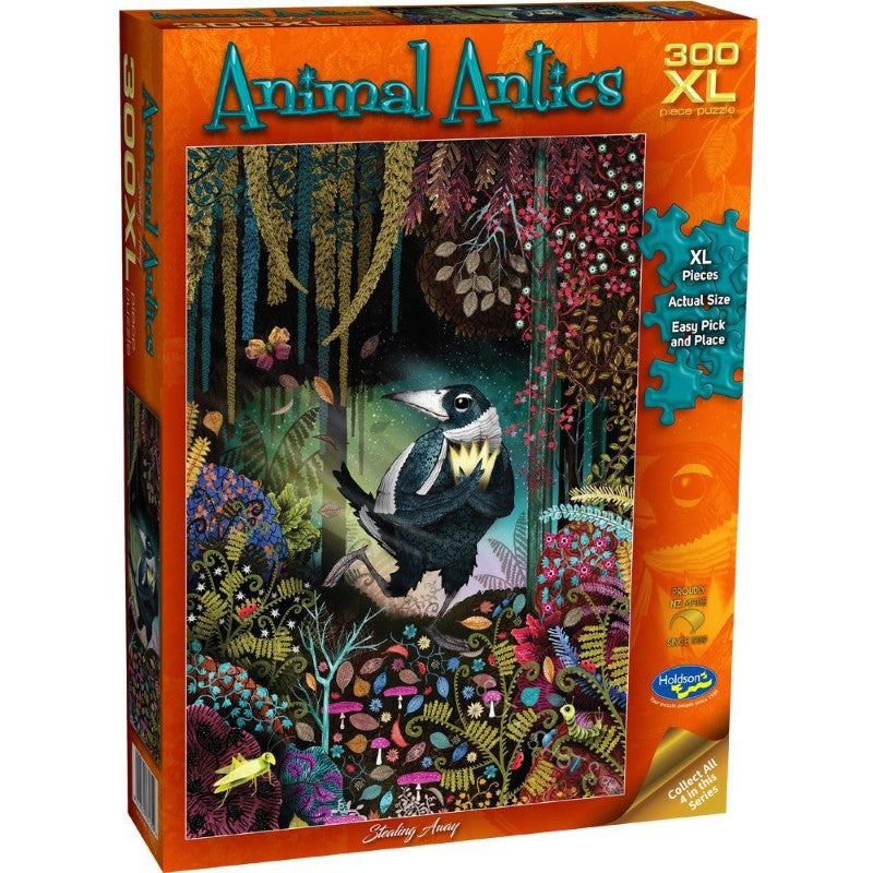 Colorful 300-piece jigsaw puzzle "Stealing Away" featuring whimsical animal antics by New Zealand artist Evan Heasman.