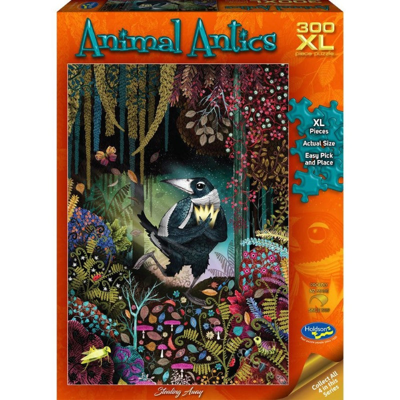 Whimsical 300-piece jigsaw puzzle 'Animal Antics - Stealing Away' by Evan Heasman featuring charming illustrated animals.