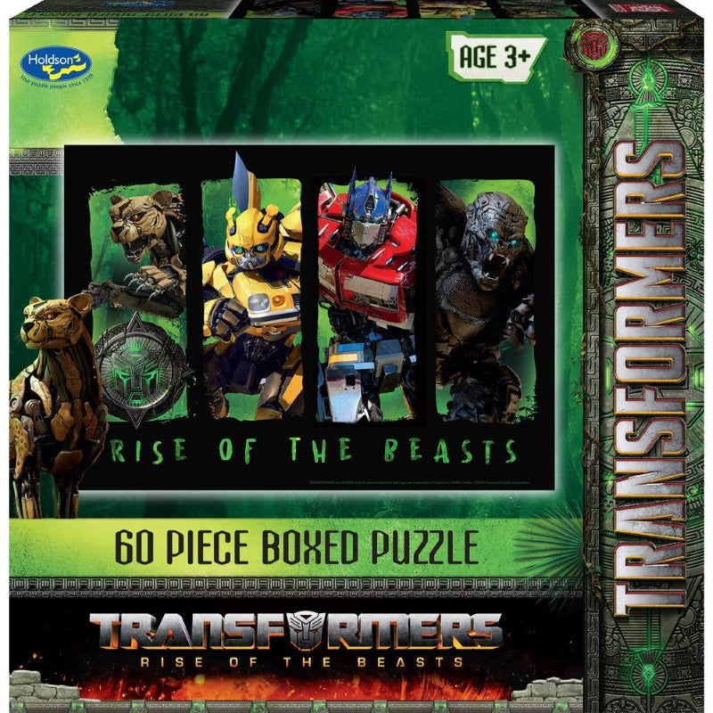 Transformers Rise of the Beasts 60-piece jigsaw puzzle, showcasing iconic characters for kids aged 4 and up.