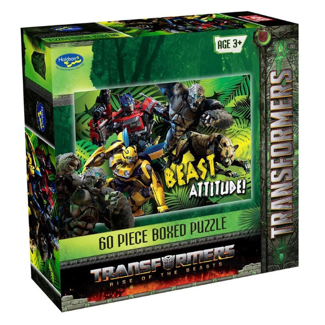 Transformers 'Rise of the Beasts' 60-piece puzzle featuring vibrant artwork, suitable for ages 4+, eco-friendly materials.