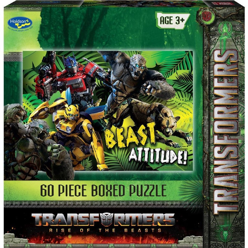 Jigsaw puzzle featuring iconic characters from Transformers: Rise of the Beasts, made from eco-friendly materials.