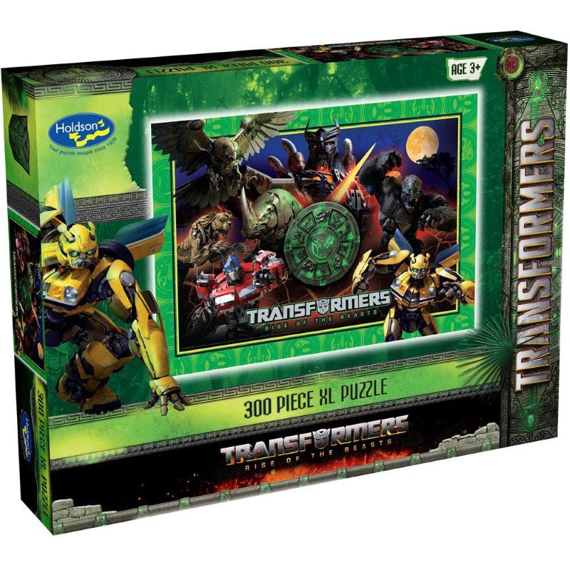 Transformers: Rise of the Beasts 300pc XL puzzle featuring vibrant artwork of iconic characters, perfect for family fun.