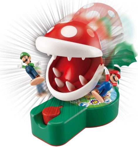 Two Super Mario action figures on a colorful game board with a Piranha Plant base, perfect for family fun and strategy.