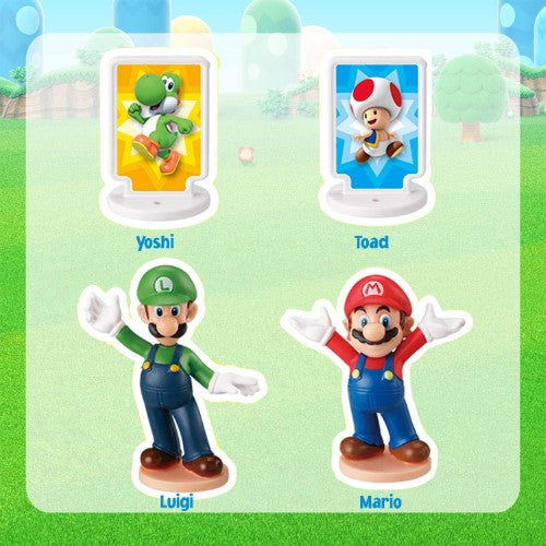 Family board game featuring Super Mario and Luigi, with a Piranha Plant base and vibrant game board for thrilling play.