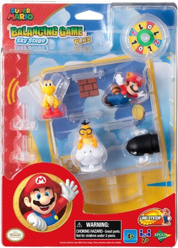 Colorful Super Mario balancing game with figures on a vibrant sky stage, promoting coordination and strategic play for kids.