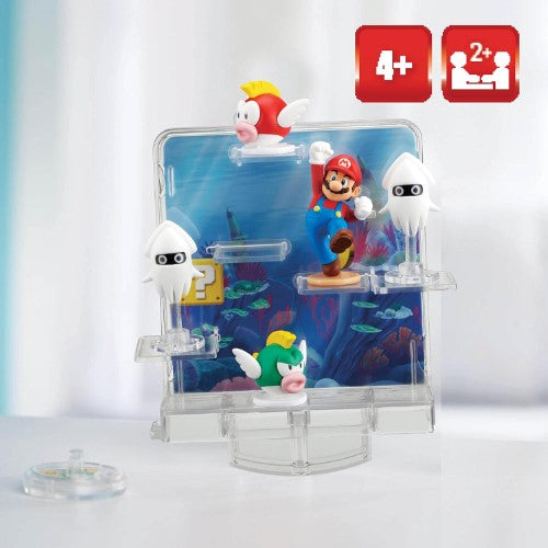 Balancing Game featuring Super Mario underwater stage with figures and a spinning top, perfect for family game nights.