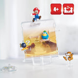 Colorful Super Mario figures balance on platforms in a whimsical desert setting, promoting fun and strategic gameplay for kids.