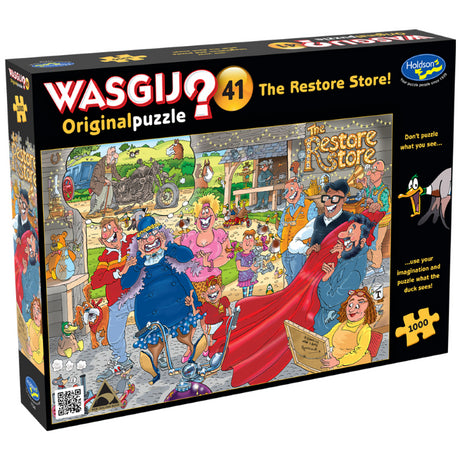 Wasgij Original 41 - 1000pc puzzle depicting a grandad and an old motorbike at The Restore Store, encouraging creative assembly.