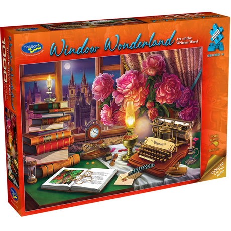 Vibrant 1000-piece jigsaw puzzle featuring literary elements, perfect for art lovers and puzzle enthusiasts, eco-friendly materials.