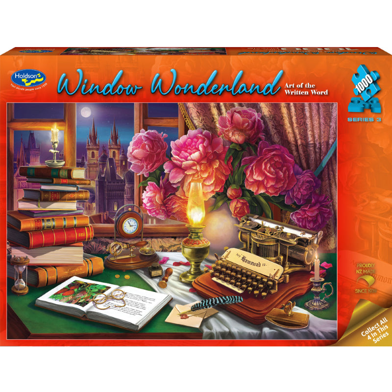 Vibrant 1000-piece jigsaw featuring literary elements, books, and written messages for puzzle lovers aged 8+.