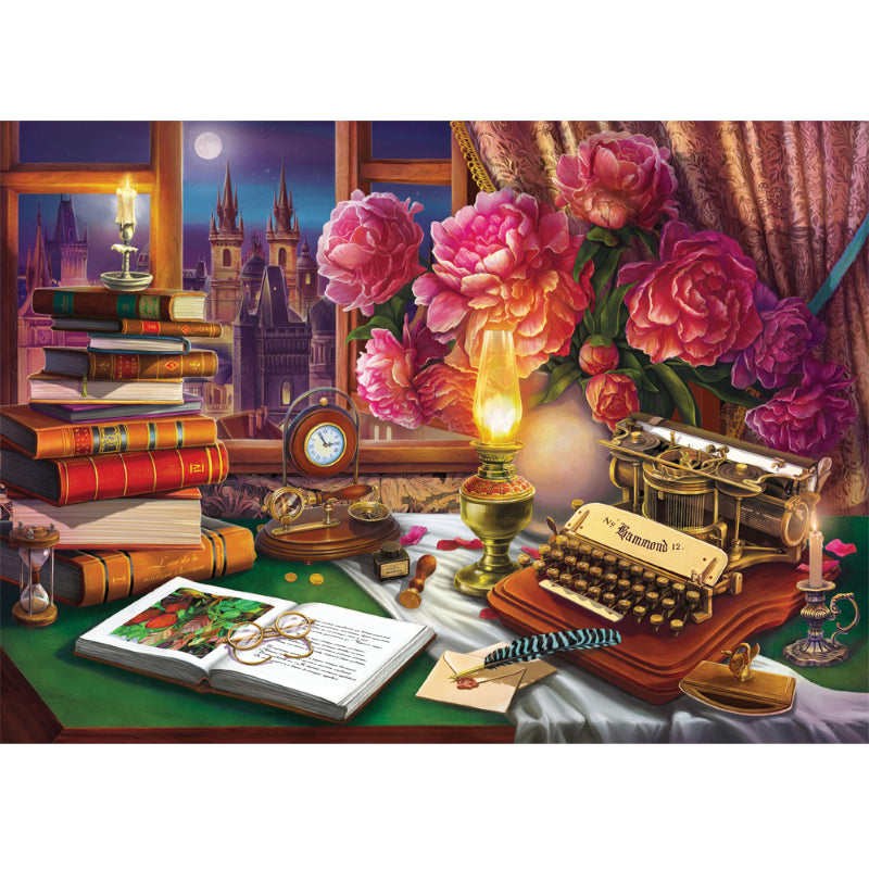 Vibrant 1000-piece puzzle featuring books and literary themes, perfect for art and puzzle enthusiasts aged 8 and up.