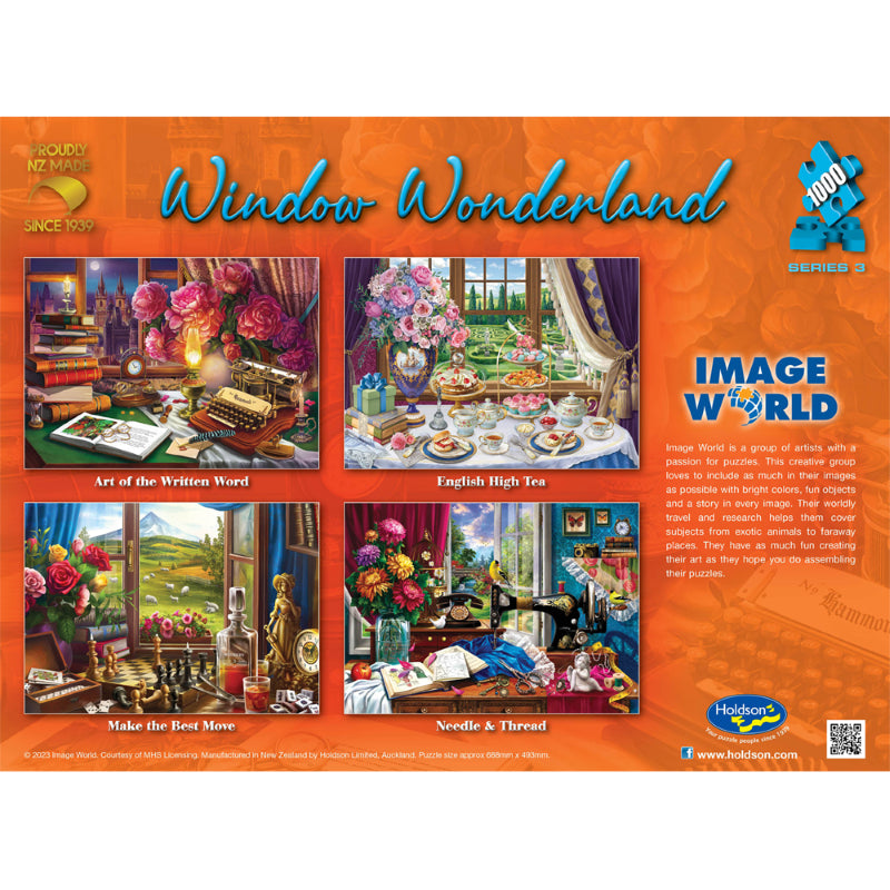 Colorful 1000-piece jigsaw puzzle featuring books and literary themes from the Window Wonderland S3 series by Smartfox NZ.