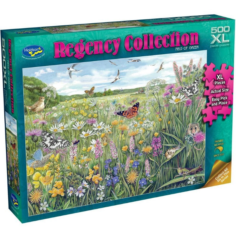 Extra-large 500-piece jigsaw puzzle featuring a serene Field of Green landscape, ideal for ages 8 and up.