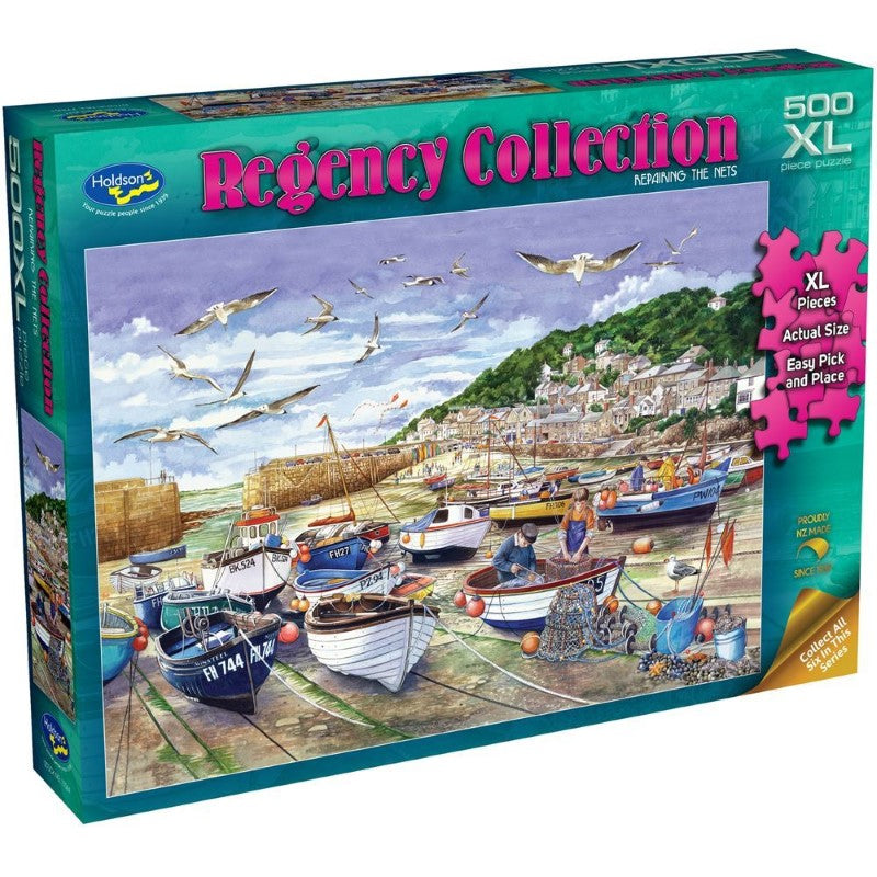 500XL jigsaw puzzle 'Repairing the Nets' showcasing a serene seaside scene, perfect for ages 8+, eco-friendly and easy to handle.