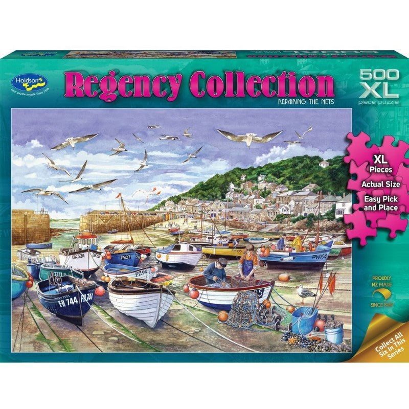 A serene seaside jigsaw puzzle featuring 'Repairing the Nets' in 500XL pieces, eco-friendly and perfect for all ages.