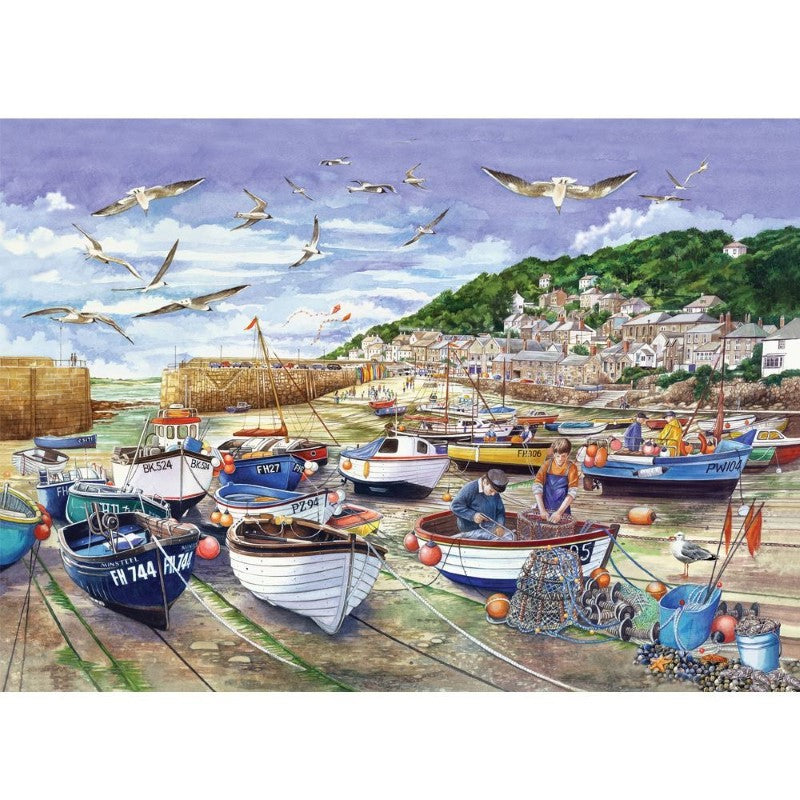 500XL jigsaw puzzle titled 'Repairing the Nets,' featuring eco-friendly materials and stunning seaside artwork for ages 8+.