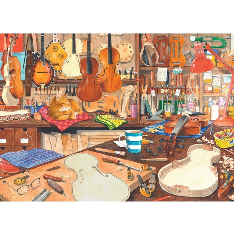 Detailed 1000-piece puzzle of a luthier's workshop, showcasing intricate tools and projects for music enthusiasts.