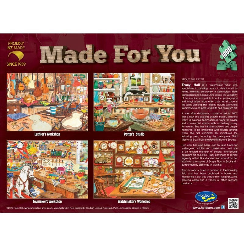 Detailed 1000-piece puzzle depicting a luthier's workshop, featuring tools and musical projects for craft enthusiasts.