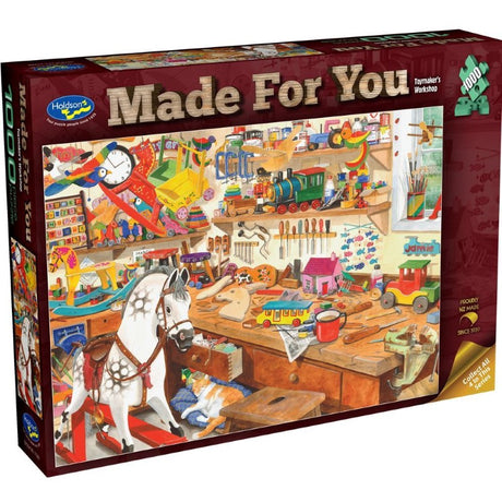 Whimsical 1000-piece jigsaw puzzle of a toymaker's workshop featuring cats napping among toys, made from recyclable materials.