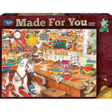 Whimsical 1000pc jigsaw puzzle featuring a toymaker's workshop with playful cats, perfect for family fun and cognitive skills.