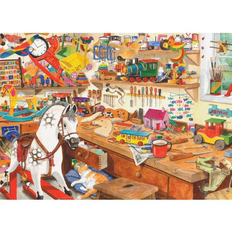 Whimsical 1000-piece jigsaw puzzle depicting a charming toymaker's workshop with napping cats, perfect for family fun.