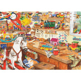 Whimsical 1000-piece jigsaw puzzle depicting a charming toymaker's workshop with napping cats, perfect for family fun.