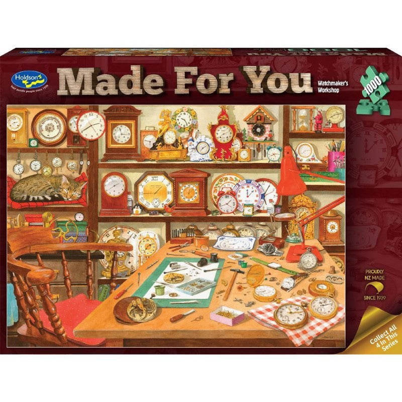 1000-piece jigsaw puzzle featuring a charming watchmaker's workshop, ideal for puzzle lovers and sustainable crafting.