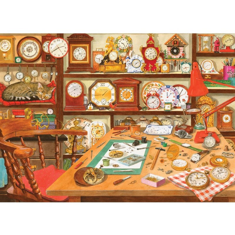 1000-piece puzzle featuring the charming Watchmaker's Workshop, perfect for family fun and sustainable crafting.