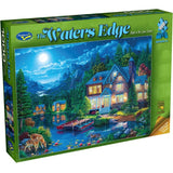 Serene 1000-piece puzzle of a twilight lake house, featuring vibrant artwork by P.D. Moreno, perfect for relaxing puzzling.