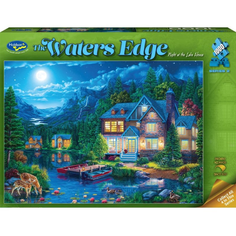 Puzzle featuring 'Night at the Lake House', a serene 1000-piece scene of twilight at a tranquil lake house.