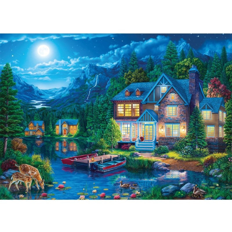 Jigsaw puzzle featuring a tranquil lake house at twilight, part of The Waters Edge S2 collection, 1000 pieces, eco-friendly materials.