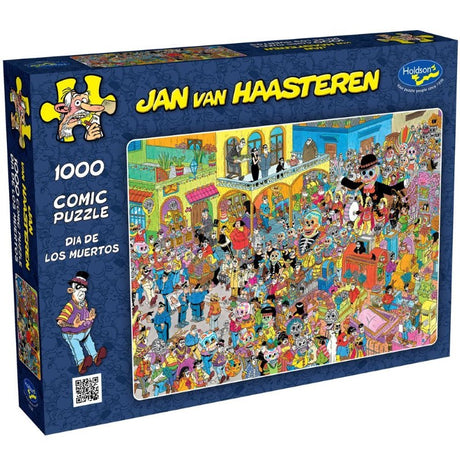 Vibrant 1000pc jigsaw puzzle by Jan Van Haasteren celebrating Dia de Los Muertos with joyful characters and colorful motifs.