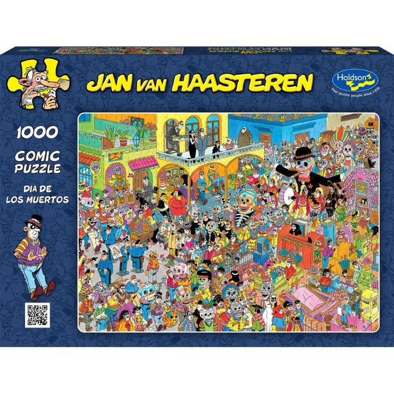 Vibrant 1000pc jigsaw puzzle featuring joyful characters and colorful motifs celebrating Dia de Los Muertos traditions.