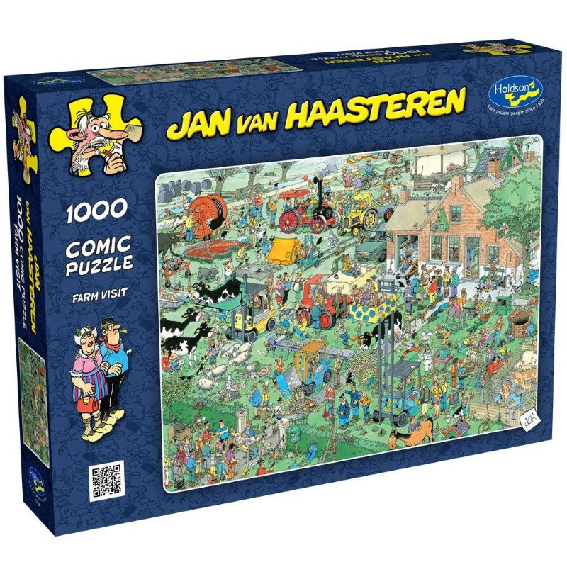 Colorful 1000-piece Jan Van Haasteren Farm Visit puzzle featuring whimsical farm scene with charming characters and mishaps.