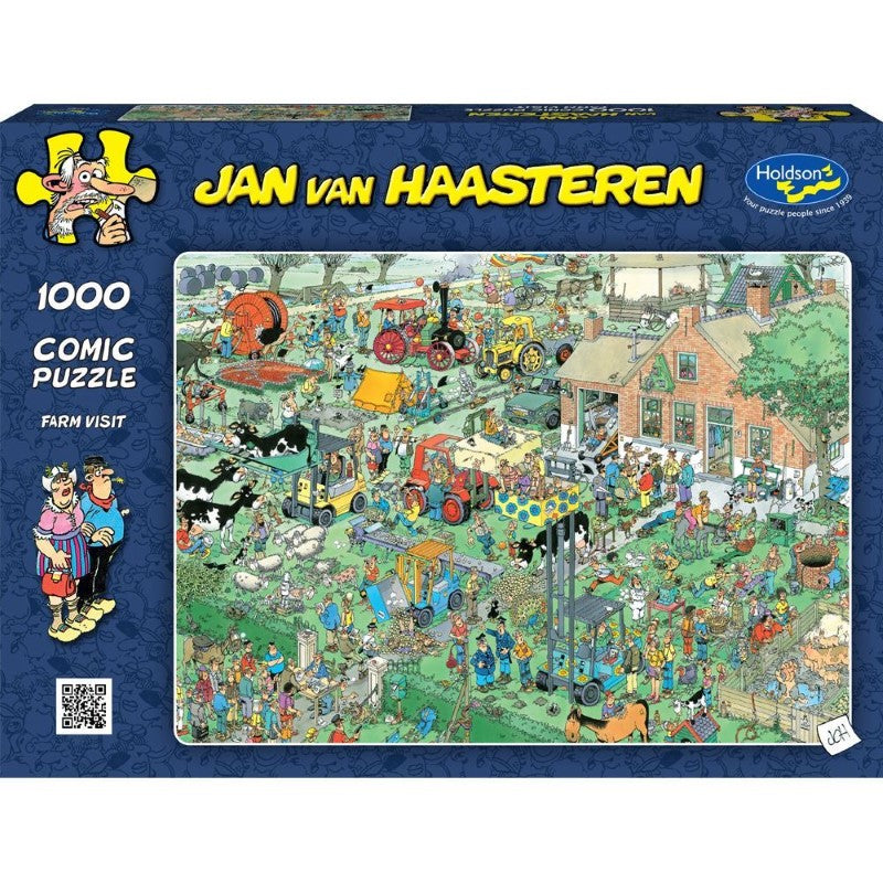 1000-piece Jan Van Haasteren puzzle depicting a vibrant, humorous farm scene perfect for ages 8 and up.