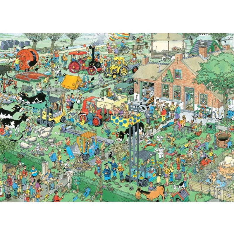 Colorful 1000-piece puzzle depicting a whimsical farm scene with charming characters, designed by Jan Van Haasteren.