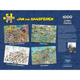 Jan Van Haasteren's 1000-piece Farm Visit puzzle features a vibrant, whimsical farm scene filled with humorous characters and antics.