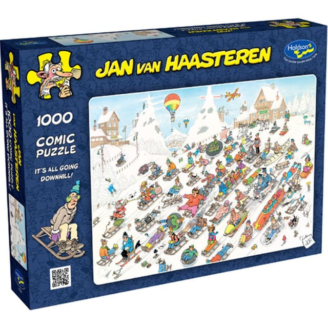 Whimsical 1000-piece puzzle by Jan Van Haasteren featuring humorous, chaotic characters in a vibrant scene.