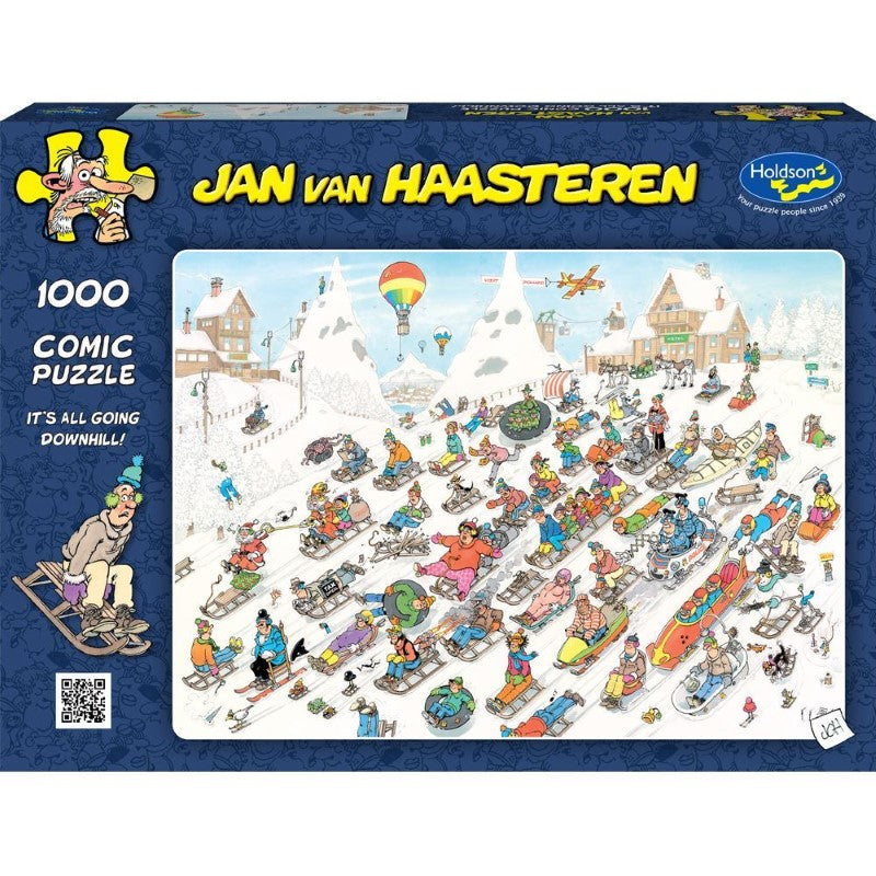 Whimsical 1000-piece puzzle by Jan Van Haasteren featuring humorous, chaotic scenes measuring 688mm x 493mm, eco-friendly materials.